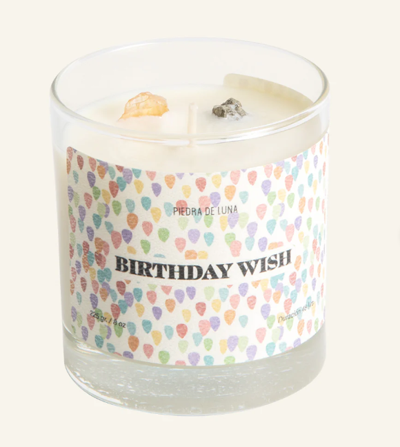 Birthday Wish Feliz Cumpleaños - Vela grande (225 grs) Pastel de Cítricos y Nuez Moscada + Citrino y Pirita
