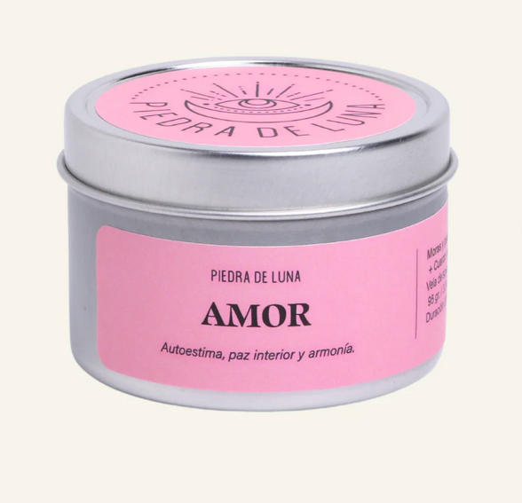 Amor - Vela de 95 grs.  Aroma a Moras & Pachuli + Cuarzo Rosa