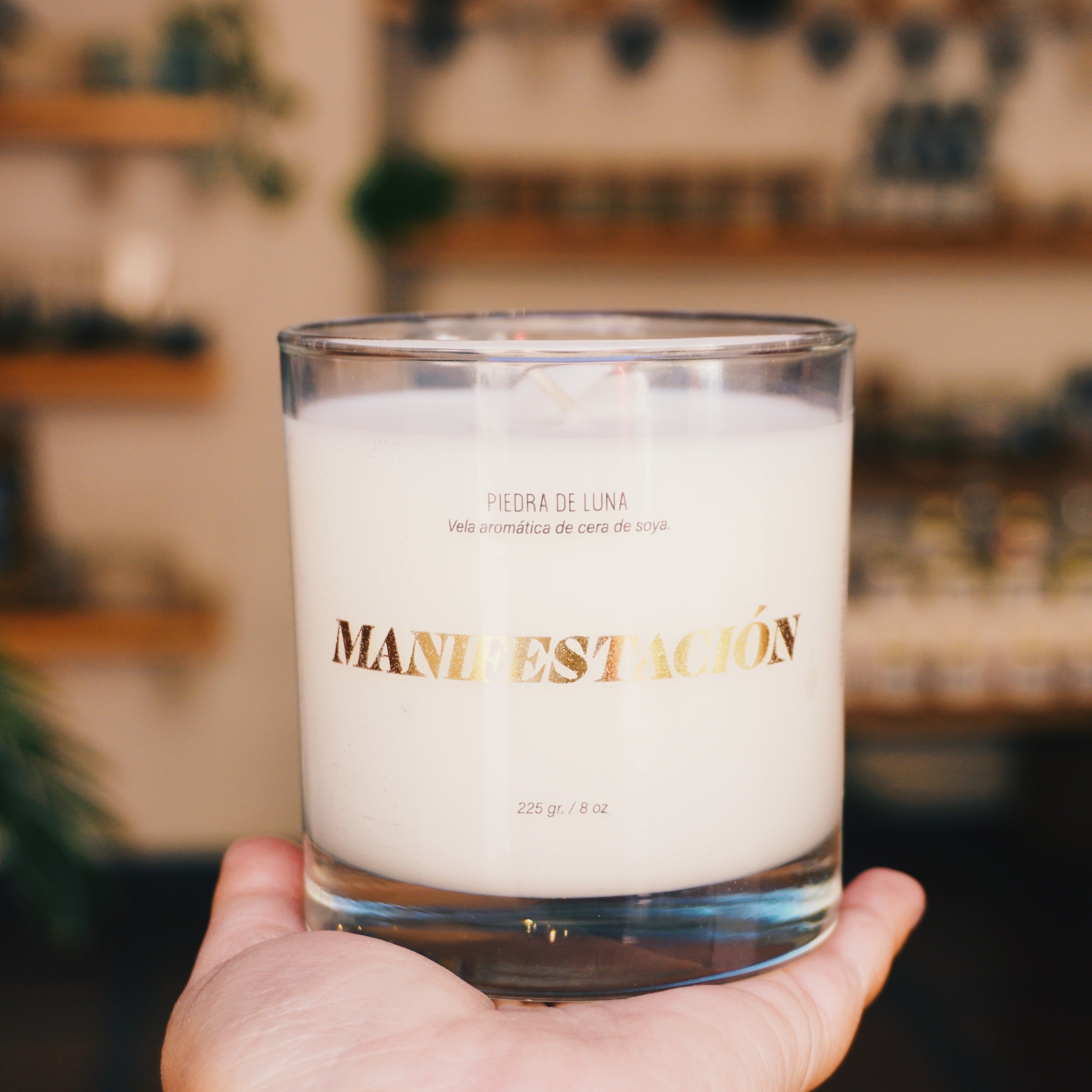 Manifestación - Vela grande (225 grs). Sándalo, Ámbar & Almizcle + Selenita